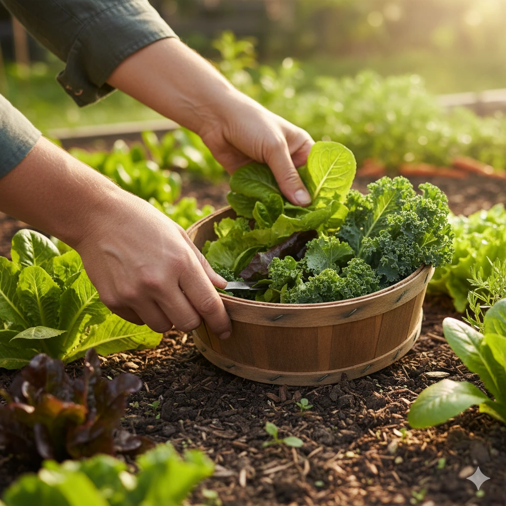 a farmer collecting leafy vegetables by his hands